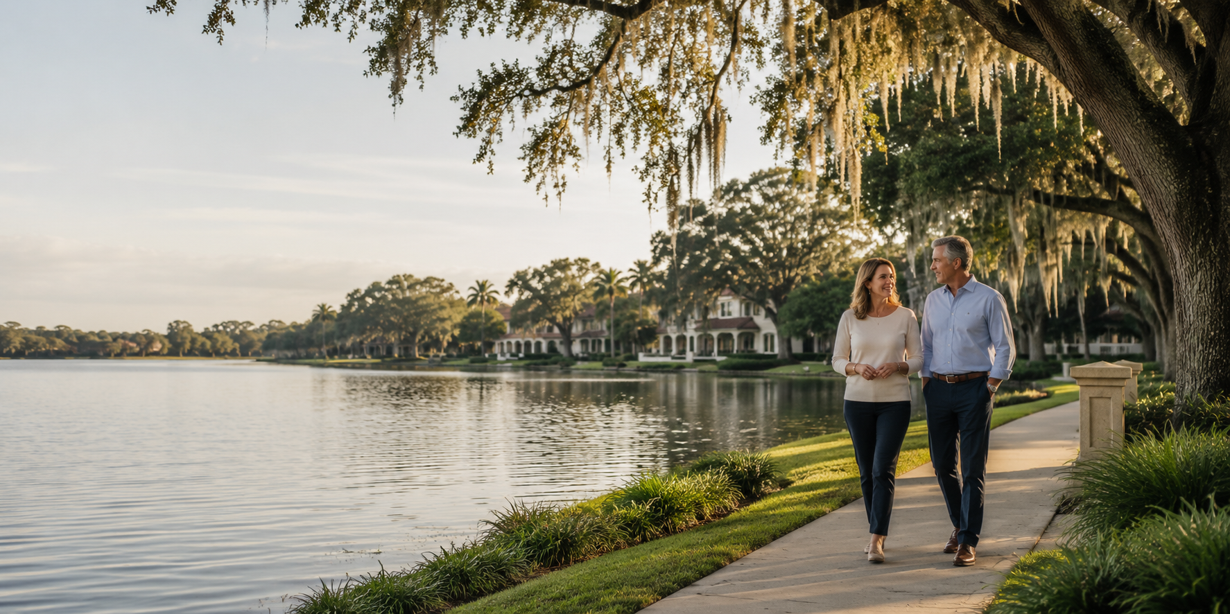 A couple walking the lakefront path, Winter Park, Florida